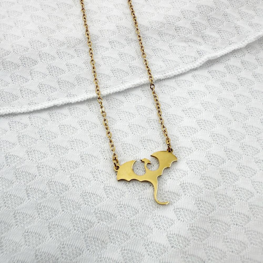 Gold Dragon Necklace, Stainless Steel Dragon Necklace, Fantasy Jewelry